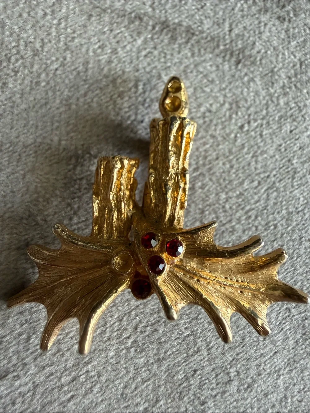 Gold-Tone Holly Leaf Brooch with Red Rhinestones